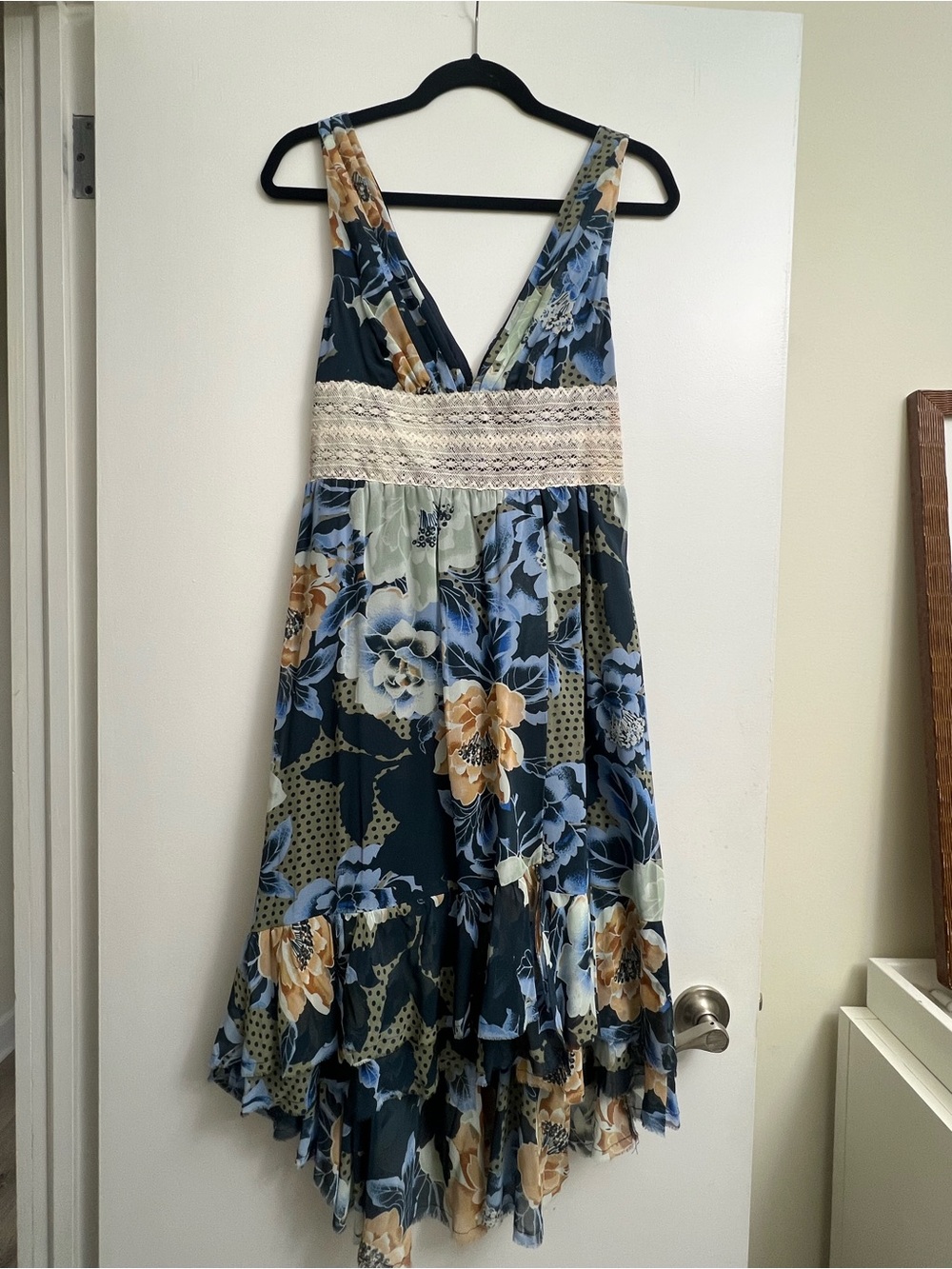 Free People Floral Sleeveless V-Neck Midi Dress with Lace Waistband